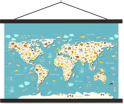 Produktbild von MuchoWow® Textilposter Weltkarte - Kinder - Tiere - Kinder - Jungen - Mädchen 60x40 cm mit schwarzem Rahmen - Hölzernes