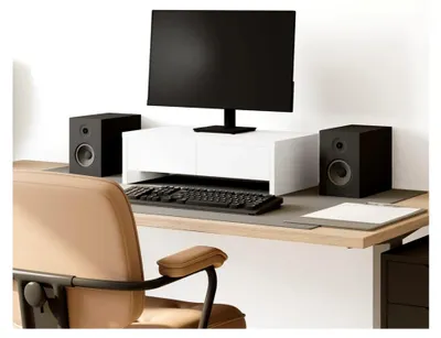 Produktbild von Doppelter Monitorständer aus Holzwerkstoff in Weiß 50x27x15 cm mit zwei Schubladen