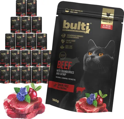 Produktbild von Bulti | Nassfutter für Katzen - Rindfleisch mit Preiselbeeren und Katzenminze - 20x100g - Getreidefrei - Superfood