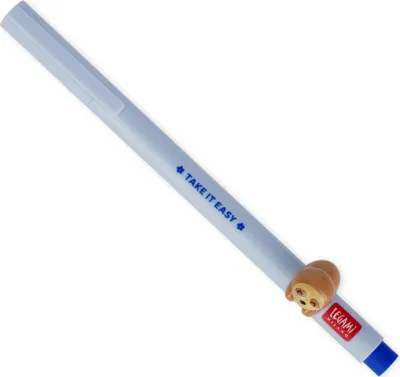 A light blue gel pen with a sloth charm attached near the tip, against a white background.