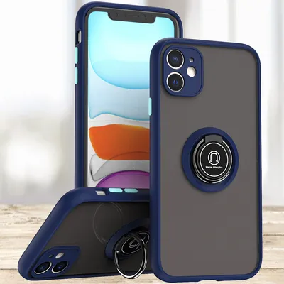 Obrázek produktu pro Pouzdro pro iPhone 12 matné průsvitné TPU pouzdro s prstencovým držákem a stojánkem Tmavě modrá