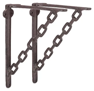 Produktbild von 6 x Regalwinkel Gusseisen, Antik-Stil, Regalträger, ausgefallenes Ketten-Motiv, Wandhalter für Regalboden, rostbraun