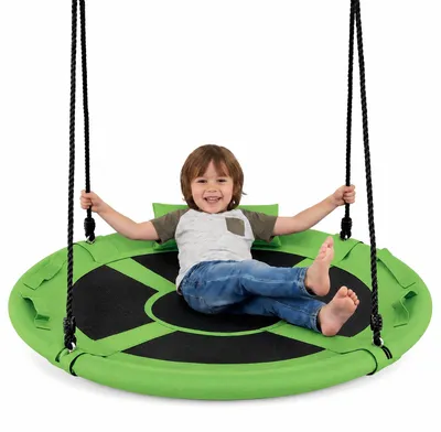 Produktbild von KOMFOTTEU Nestschaukel, Ø 100 cm Korbschaukel bis 150 kg belastbar, Kinderschaukel mit Kissen & Griffen, 100-180 cm höhenverstellbare Hängeschaukel, Tellerschaukel Rund für Outdoor & Indoor (Grün)