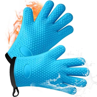 Obrázek produktu pro Sada dvou silikonových rukavic do trouby, odolných vůči teplu až do 240°C, s bavlněnou podšívkou, modré barvy, krátké