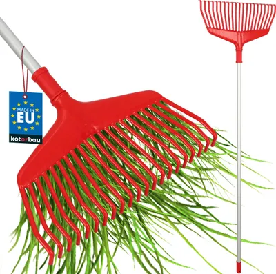 Obrázok produktu pre KOTARBAU® plastový hrabák na lístie 38 cm s hliníkovou rukoväťou 1,3 m Extra Click Heurechen hrabák na lístie hrabák na jesenné lístie a strihané živé ploty záhradný hrabák plastový červený a strieborný