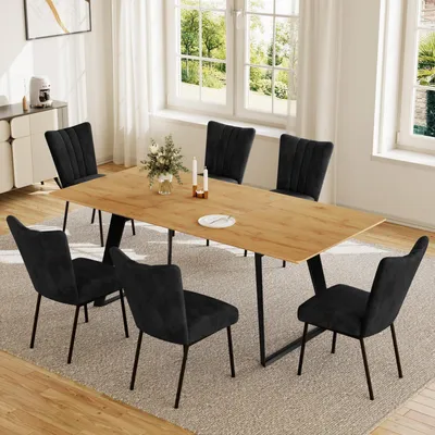 Obrázek produktu pro Rozkládací jídelní stůl, 130-170 cm, se 6 židlemi, s povrchem imitujícím dřevo MDF, kovová konstrukce, černá barva