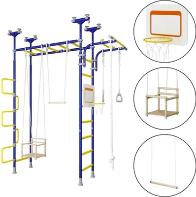 Produktbild von Sprossenwand für Kinder Indoor Klettergerüst aus Metall mit Gymnastikseil und Schiebebügel – Pegas 2, blau