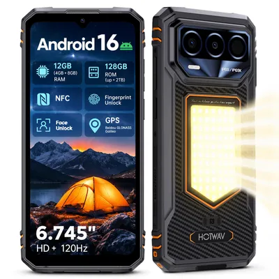 Imagen del producto de Smartphone HOTWAV T8 para exteriores, sin contrato, con Android 16, 12GB+128GB de almacenamiento, pantalla de 120Hz, batería de 6200mAh, certificación IP68/IP69K, luz para camping, NFC, teléfono 4G