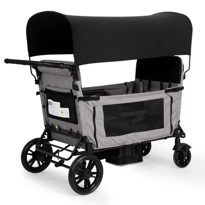 Produktbild von Flieks Bollerwagen faltbar mit Dach, Handwagen mit 5-Punkt-Gurt 4 Sitze, Sitz zu Bett umwandelbar, 8-fach Griffverstellung, 138x126x72 cm, Hellgrau