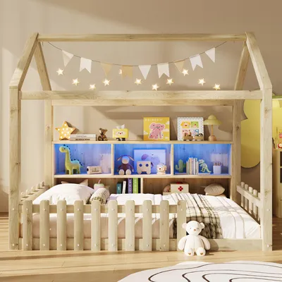 Produktbild von Flieks Kinderbett Hausbett 90x190cm mit Led, Bodenbett mit offenen Staufächern, Kinder Einzelbett Holzbett mit Rausfallschutz, Naturbelassen