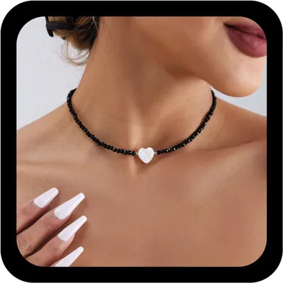 Produktbild von Choker Halskette, schwarze Onyxperlen, herzförmiger Perlmuttanhänger, Vintage Stil, für Damen