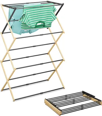 Immagine prodotto di Stendibiancheria Relaxdays, pieghevole, estensibile, 11 aste, A x L x P: 107 x 43–74 x 37 cm, bambù e metallo, naturale/nero