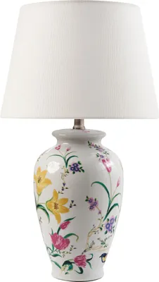 Zdjęcie produktu dla BELIANI Lampa stołowa biała porcelanowa podstawa lniany materiałowy klosz z kwiecistym wzorem oświetlenie stylowa