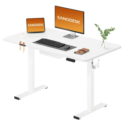 Produktbild von SANODESK QS1 Höhenverstellbarer Schreibtisch Elektrisch EINTEILIGE TISCHPLATTE, 4 Speicherplätzen, Haken & Kabelmanagement, 120x60cm (Weiß)