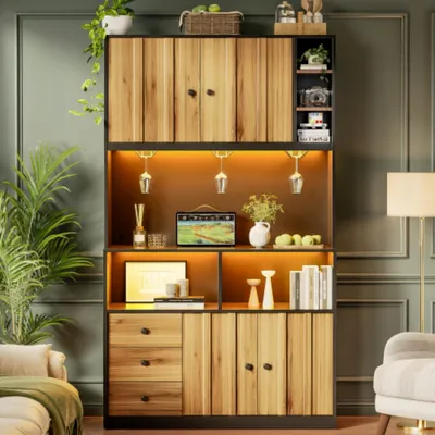Produktbild von Küchenschrank, Hochschrank mit LED, Küchenregal mit Steckdose, Weinregal und Vitrine für Küche & Esszimmer 180 cm