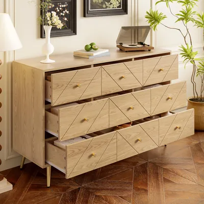 Produktbild von MODFU Moderne Kommode Sideboard mit geometrischem Muster, 9 geräumige Schubladen, Eisenbeine, funktionale Aufbewahrung, Natur