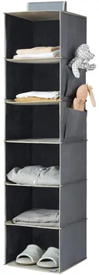 Image de Étagère suspendue, système de rangement suspendu, organiseur pour armoire, 6 compartiments avec 2 poches, gris, pour ranger vêtements et chaussures.
