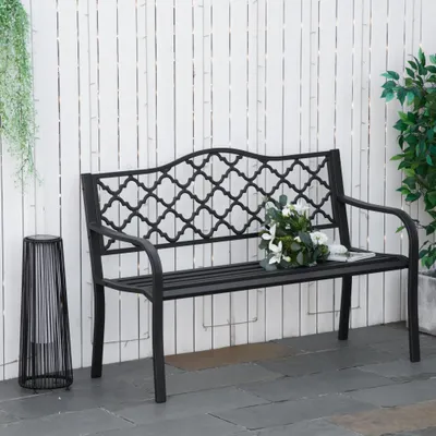 Produktbild von Gartenbank 2-Sitzer aus Stahl & Gusseisen, Parkbank Metall antik, Sitzbank mit Rückenlehne & Armlehnen, Schwarz | 128 x 58,5 x 89 cm | bis 240 kg