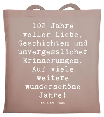Produktbild von Mr. & Mrs. Panda baumwoll shopper Spruch 102. Geburtstag - Braun Pastell - Geschenk, canvas tasche, Meilenstein feiern, Lebensfreude, handgefertigte Geschenke, Jutebeutel