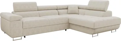 A beige sectional sofa is shown against a white background.