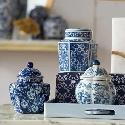 Image de Boîtes décoratives en céramique - Blanc et bleu - Lot de trois - Céramique