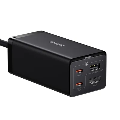A black Baseus GaN5 Pro HUB charger with multiple ports.
