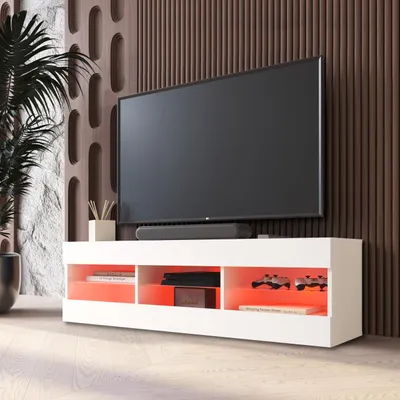 Obrázok produktu pre Komodee TV skrinka Tivoli, biela/biela, šírka 140 cm x výška 40,5 cm x hĺbka 35,5 cm, LED RGB, do obývačky, spálne