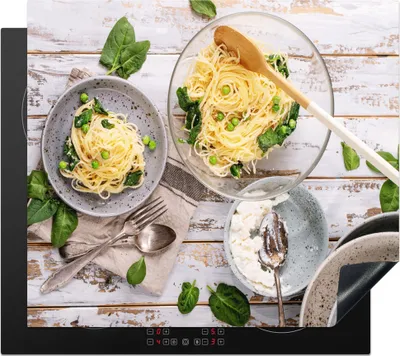 Produktbild von KitchenYeah© Herdabdeckplatte Nudeln - Basilikum - Kochen , 57x51cm, Küche Deko, Glaskeramikkochfeld Herdabdeckung, Abdeckplatte fùr Kochfeld