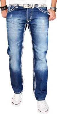 Produktbild von A. Salvarini Herren Jeans 100% Baumwolle Regular Straight mit Ziernaht AS-011 - Blau W34/L32