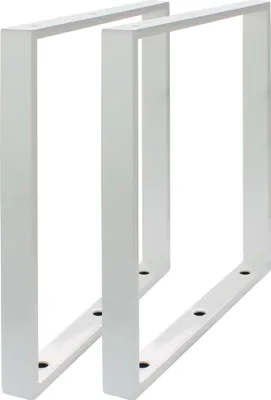 Two white U-shaped metal shelf brackets are shown against a white background.