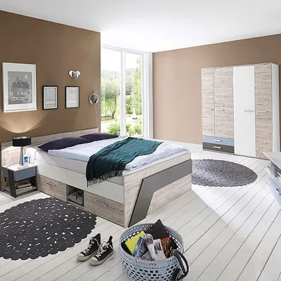 Produktbild von Jugendzimmer Set mit Kojenbett 140x200 cm in Sandeiche Nb. mit weiß, Lava 3-teilig LEEDS-10 und Denim Blau