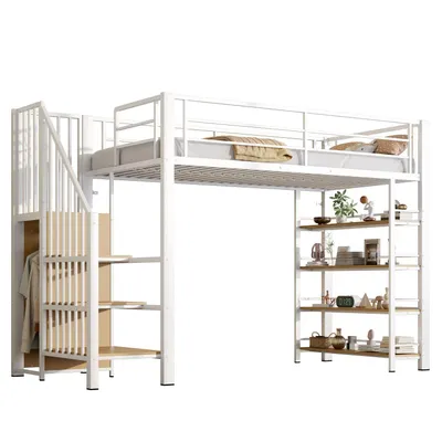 Produktbild von Hochbett 90*200, mit Sicherheitstreppe, Stauraum und kleinem Kleiderschrank, Einlegeböden, hohes Zaundesign, Einzelbett, Jugendbett,Weiß