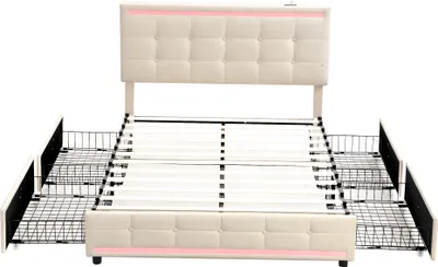Produktbild von Merax Polsterbett 140x200cm mit höhenverstellbarem Kopfteil, LED, USB-Steckdosenleisten und 4 Schubladen, Funktionsbett Doppelbett aus Leinen