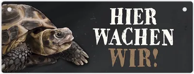 Produktbild von Metallschild mit Schildkröte Motiv und Spruch: Hier wachen wir! Türschild