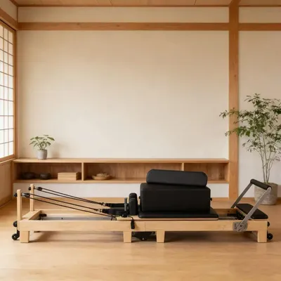 Obrázok produktu pre Pilates Reformer – P053 – skladací – nastaviteľný odpor – dub a javor – 240 × 60 × 30 cm – čierny