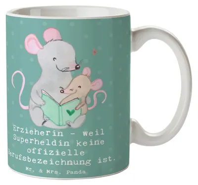 Produktbild von Mr. & Mrs. Panda Keramikbecher Erzieherin Superheldin - Meeresbrise - Geschenk, Teepott, Pott, Berufe, Tasse, Dankbarkeit, mit Spruch, Berufsleben, Becher, Teetasse, für