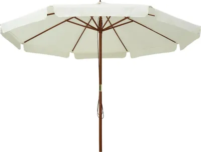 A white patio umbrella with a wooden pole is shown against a white background.