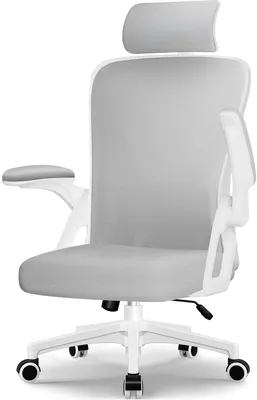 A studio shot of a gray and white ergonomic office chair.