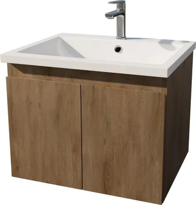 Image de Meuble de salle de bains 60cm à SuspendreReproduction Bois Clair - 2 Portes - Vasque Blanche - ELEMENTARY