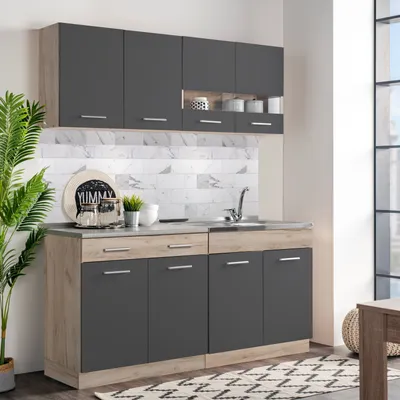 Produktbild von Homestyle4u Küche Küchenblock 160cm Grau Eiche Küchenzeile ohne Geräte Einbauküche Singleküche