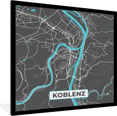 Produktbild von MuchoWow® Gerahmtes Poster Deutschland - Blau - Koblenz - Stadtplan - Karte 40x40 cm - Poster mit Schwarzem Bilderrahmen Wandposter Rahmen Foto Bilder - Mit Rahmen - Wanddekoration Schlafzimmer