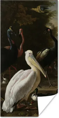 Produktbild von MuchoWow® Poster Ein Pelikan und andere Vögel in der Nähe eines Wasserbeckens - Gemälde von Melchior d'Hondecoeter 60x120 cm - Wandschmuck