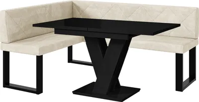 Produktbild von MEBLINI Eckbank für Esszimmer mit ausziehbarem Tisch  - Küchenbank - Essecke - Sitzecke Küche - ERIC - U-Beine 128x168x87cm Links - Creme Samt/M Schwarz Hochgl.
