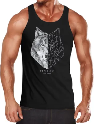 Produktbild von Herren Tank-Top Wolf Polygon Kunst Grafik Tiermotiv Printshirt Muskelshirt Muscle Shirt Neverless® schwarz S