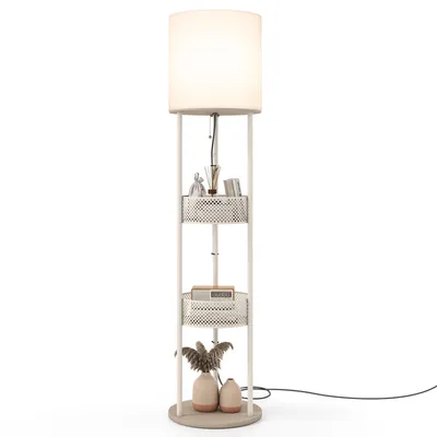 Zdjęcie produktu dla Lampa stojąca COSTWAY, 158 cm, z abażurem z lnu, włącznikiem nożnym, półkami, koszem do przechowywania i stabilną podstawą drewnianą, lampa podłogowa do czytania
