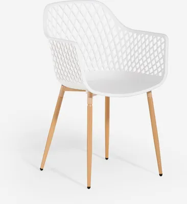 A white modern armchair with wooden legs against a white background.