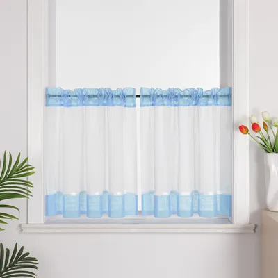 Produktbild von Joyswahl 1 Stück Scheibengardine Leinenoptik Bistrogardine Modern Kurzgardine Halbtransparent Küchengardine mit Tunnelzug Hellblau HxB: 120x125cm
