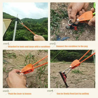 Obrázok produktu pre Napínacie laná s kladkou – 4 mm reflexné lano pre stany a predstany – hliníkový nastavovač – kempovanie a turistika – 4 ks, čierne