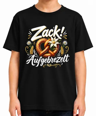 Zdjęcie produktu dla Zack! Koszulka z motywem bawarskim, idealna na  , z motywem precla, tradycyjny strój bawarski, spodnie skórzane, koszulka dziecięca, czarna, rozmiar 140