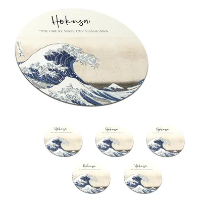 Obrázok produktu pre KitchenYeah® Podložky pod sklo Okrúhla sada 6 Veľká vlna Kanagawy - Katsushika Hokusai - japonské umenie 10x10 cm Podložky pod poháre - Podložky pod nápoje - Chrániče na stôl - Podložky pod stôl